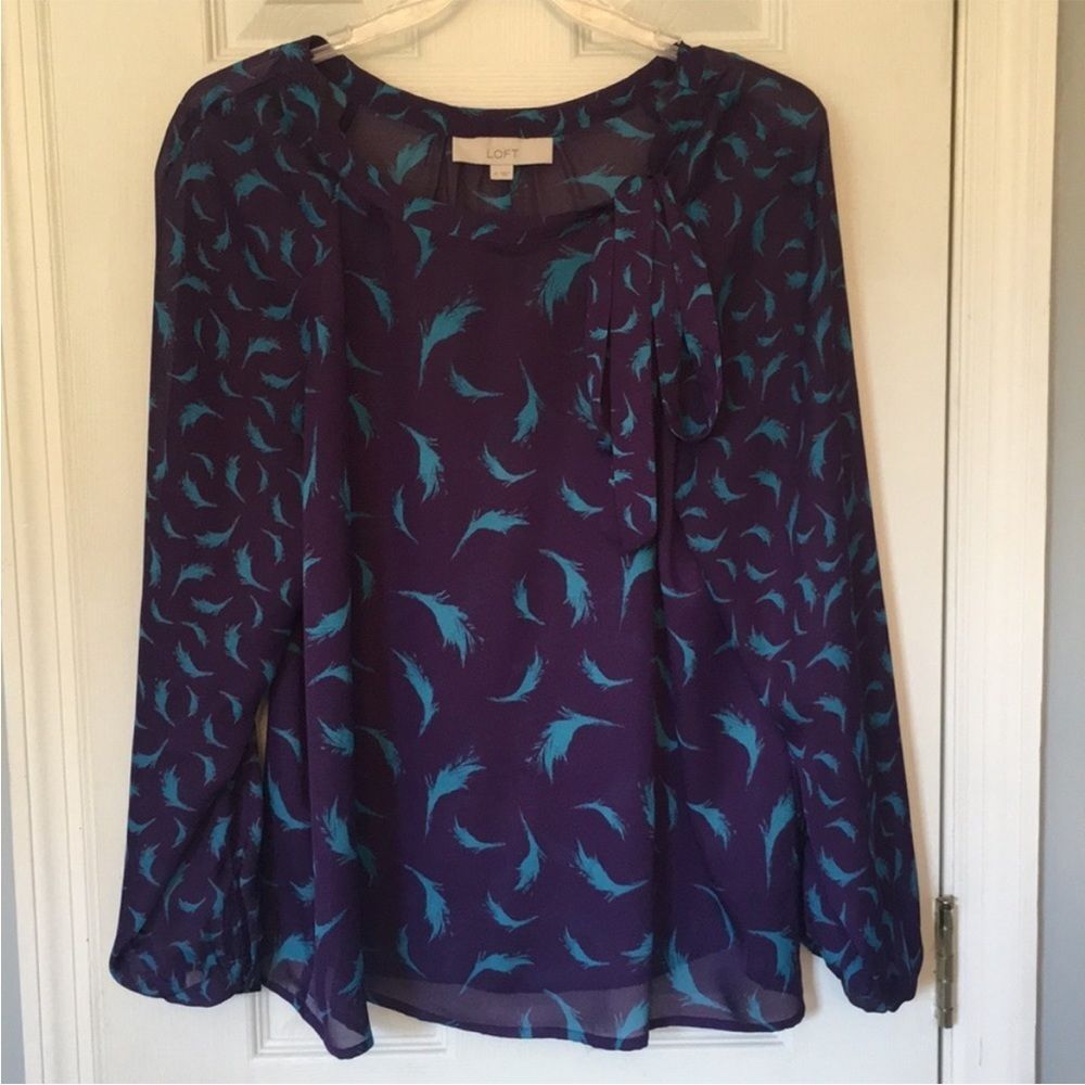 Purple Ann Taylor Loft Blouse with blue feathers